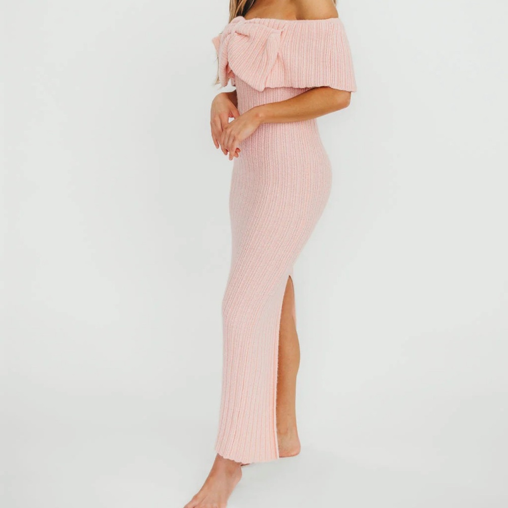 Off-Shoulder Rib Knit Maxi Dress in Blush Pink